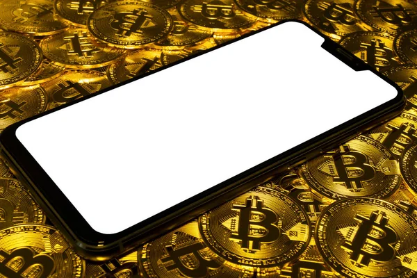 Gold Bitcoin Münzen Stapeln Sich Mit Kerbe Weißen Bildschirm Smartphone — Stockfoto