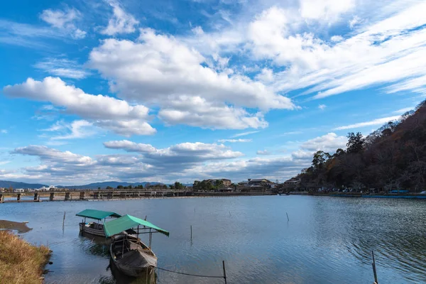 Boat Hozu Gawa River Togetsu Kyo Bridge Colourful Forest Mountain — Stock Photo, Image