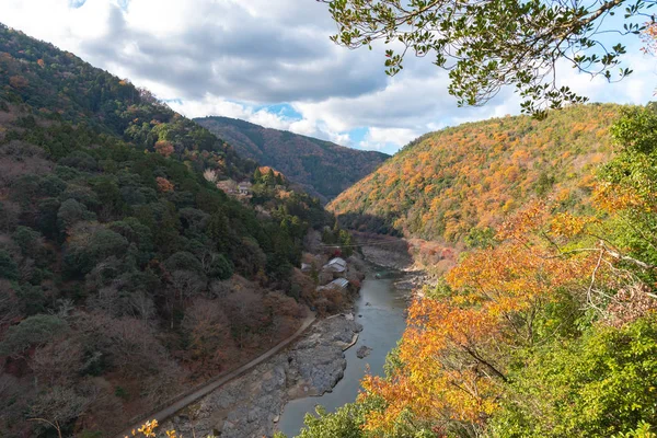 Bovenaanzicht Van Hozugawa Rivier Met Japans Traditioneel Houten Huis Boot — Stockfoto