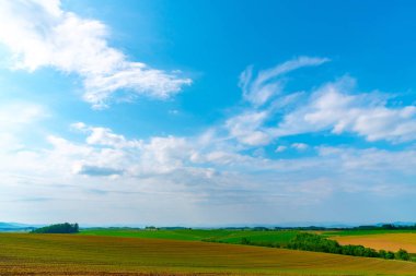 Dağlar ile panoramik kırsal manzara. Bahar güzel güneşli bir gün içinde tarım alanı üzerinde geniş mavi gökyüzü ve beyaz bulutlar.