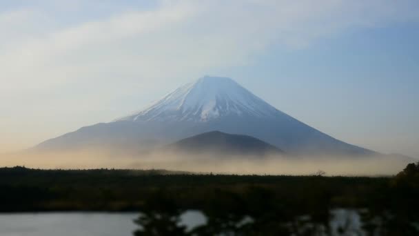 Mount Fuji Nebo Fuji Světové Dědictví Pohled Jezero Shoji Shojiko — Stock video