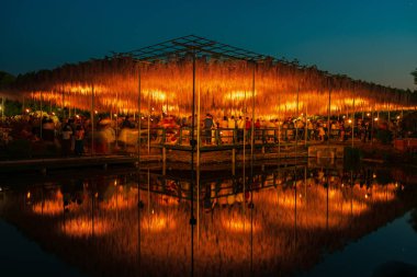 Tochigi Prefecture, Japonya 16 Nisan 2018: Ashikaga çiçek Parkı 'nda büyük Wisteria Festivali. Renkli tam çiçek açan çiçekler ile geceleri aydınlatılmış gizemli güzellik. Ünlü seyahat destinasyonu