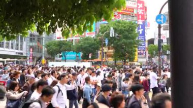 Tokyo, Japonya - 4 Mayıs 2019 : Shibuya Geçidi'nde gündüz yürüyen yayaları kapatın ( 4k Uhd ). kamera soldan sağa kaydırma, seçici odak normal hız