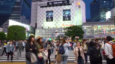 Tokyo, Japonya - 4 Mayıs 2019 : Shibuya Geçidi'nde gece yürüyen yayaları kapatın ( 4k Uhd ). Shibuya semtinde normal hızda yayaların yaya geçidi görünümü.