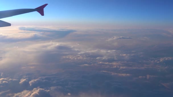 Lucht Uitzicht Vliegtuig Vleugel Silhouet Met Donker Blauwe Hemel Horizon — Stockvideo