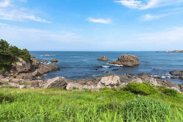 Vackra Tanesashi Kaigan Coast. Längs kusten finns både sandiga och klippiga stränder, och gräs ängar med vacker utsikt — Stockfoto