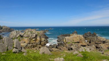 Aomori, Japonya. 08 Ağustos 2016 : Tanesashi kaigan Sahili. Sahil şeridi hem kumlu hem de kayalık plajlar ve çimenli çayırlar manzaralıdır. Hachinohe, Aomori, Japonya