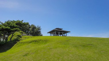 Aomori, Japonya. 08 Ağustos 2016 : Tanesashi kaigan Sahili. Sahil şeridi hem kumlu hem de kayalık plajlar ve çimenli çayırlar manzaralıdır. Hachinohe, Aomori, Japonya