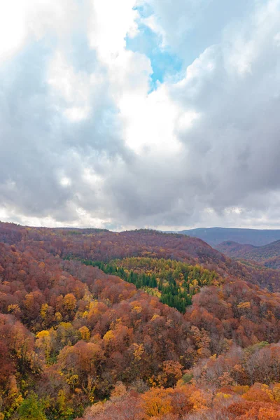 秋叶风光,秀丽的风景。秋天充满了绚丽的色彩。整个山脉和山谷沐浴在红色、橙色和金色背景的不同色调中 — 图库照片