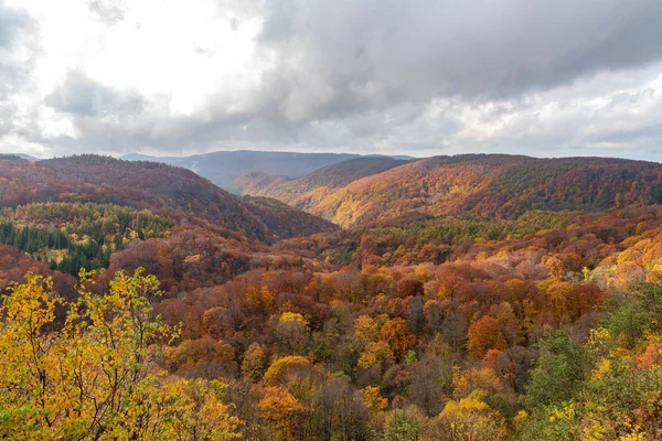 Herfst gebladerte landschap uitzicht, prachtige landschappen. Fall is vol met prachtige kleuren. Hele berg en vallei is badend in verschillende tinten van rood, oranje en gouden kleuren achtergrond — Stockfoto