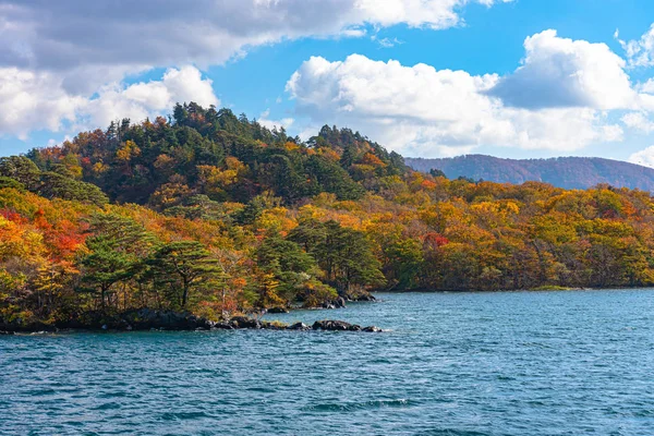 美しい紅葉風景。秋は壮大な色でいっぱいです。十和田湖観光クルーズ船からの眺め。澄んだ青い空、水、白い雲、晴れた日の背景。青森県 — ストック写真