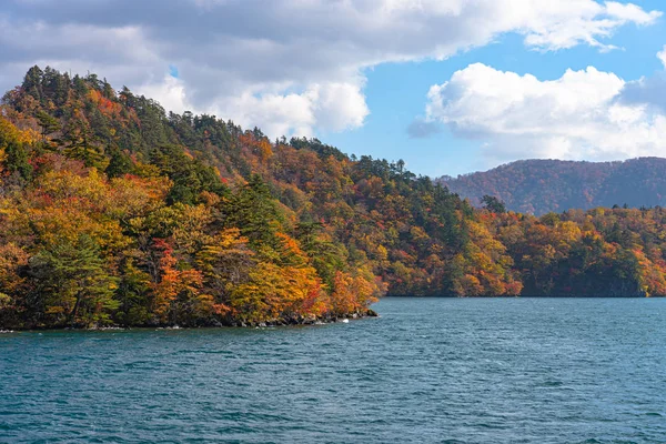 Güzel sonbahar yeşillik manzara manzaralar. Sonbahar muhteşem renklerle doludur. Towada Gölü gezi Cruise gemi görünümü. Berrak mavi gökyüzü, su, beyaz bulut, güneşli bir gün arka plan. Aomori, Japonya — Stok fotoğraf