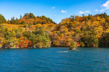 Güzel sonbahar yeşillik manzara manzaralar. Sonbahar muhteşem renklerle doludur. Towada Gölü gezi Cruise gemi görünümü. Berrak mavi gökyüzü, su, beyaz bulut, güneşli bir gün arka plan. Aomori, Japonya