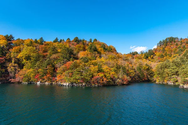 Beautiful autumn foliage scenery landscapes. Fall is full of magnificent colors. View from Lake Towada sightseeing Cruise ship. Clear blue sky, water, white cloud, sunny day background. Aomori, Japan