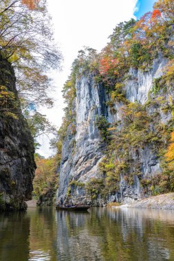 Geibikei Gorge River Cruises Sonbahar yeşillik sezonunda. Güneşli havalarda güzel manzara manzaralar. Ichinoseki, Iwate Prefecture, Japonya - 28 Ekim 2018