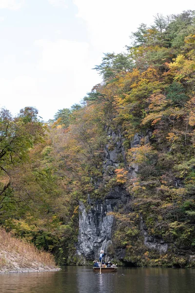 Geibikei Gorge River Cruises in Autumn foliage season. Beautiful scenery landscapes view in sunny weather day. Ichinoseki, Iwate Prefecture, Japan - Oct 28, 2018 — Stock Photo, Image