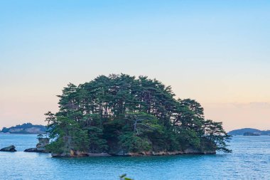 Matsushima Körfezi alacakaranlıkta, çam ağaçları ve kayalarla kaplı güzel adalar. Japonya'nın Üç Görüş biri, ve aynı zamanda Zuigan-ji, Entsu-in ve Kanrantei sitedir. in Miyagi Prefecture, Japonya