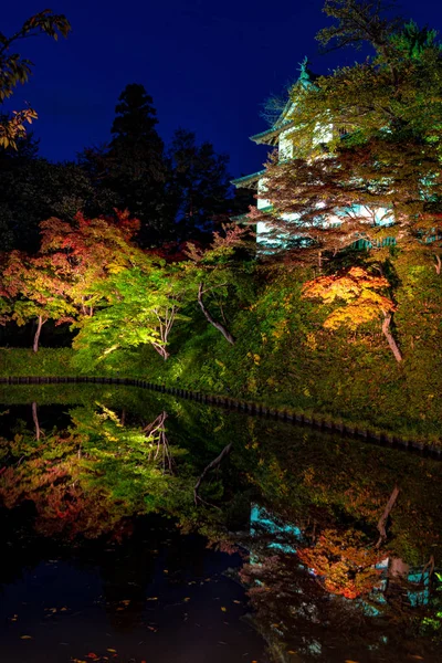 Hirosaki Castle Park Sonbahar yeşillik manzara görünümü. Güzel manzaralar, geceleri hendek ışık yüzeye yansıyan çok renkli aydınlatmak. Hirosaki city, Aomori Prefecture, Japonya — Stok fotoğraf
