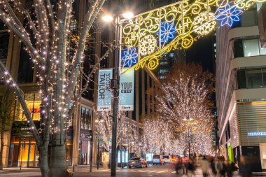 Tokyo, Japonya - 19 Aralık 2018 : Tokyo Marunouchi kış aydınlatma festivali, şehirdeki ünlü romantik ışık etkinlikleri, güzel manzara, popüler turistik mekanlar, tatil için seyahat yerleri