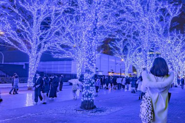 Tokyo, Japan - Dec 21 2018 : Shibuya Blue Cave winter illumination festival, famous romantic light up events in the city, beautiful view, popular tourist attractions, travel destinations for holiday clipart