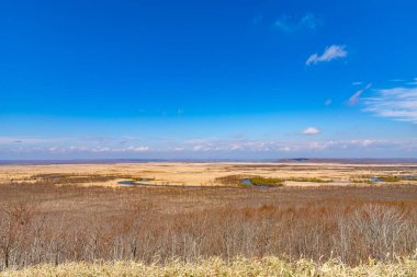 Bahar günü Hokkaido 'daki Kushiro Shitsugen ulusal parkında, Japonya' nın en büyük sulak arazisi olan Hosooka gözlem güvertesinden manzara. Park, sulak arazi ekosistemleriyle ünlüdür.