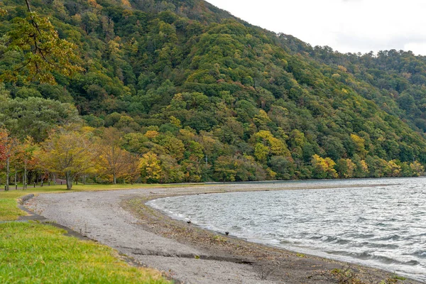 Hermosos paisajes de follaje otoñal del lago Towada en un día soleado. Vista desde la orilla del lago, cielo despejado, agua azul y nube blanca en el fondo. Parque Nacional Towada Hachimantai, Aomori, Japón —  Fotos de Stock