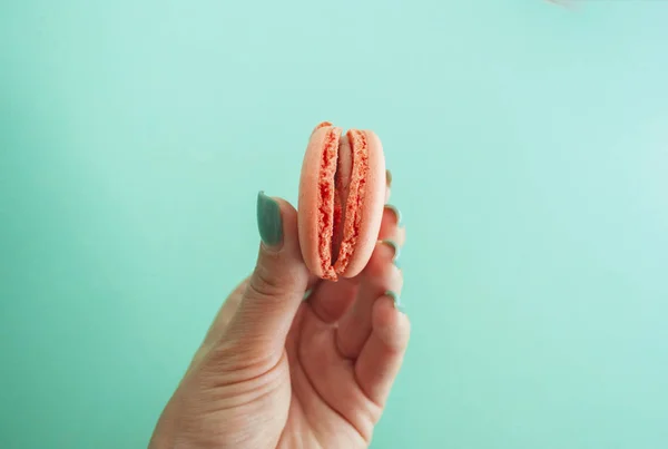 Macaron de couleur rose dans la main des femmes . — Photo