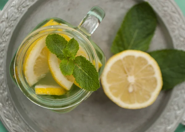 Top View Mason Jar Glass Lemonade Mojito Lemons Mint Summer — Stock Photo, Image