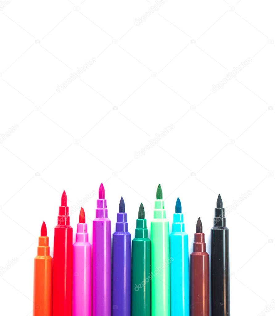 Colorful marker pen set isolated on white background with copyspace.