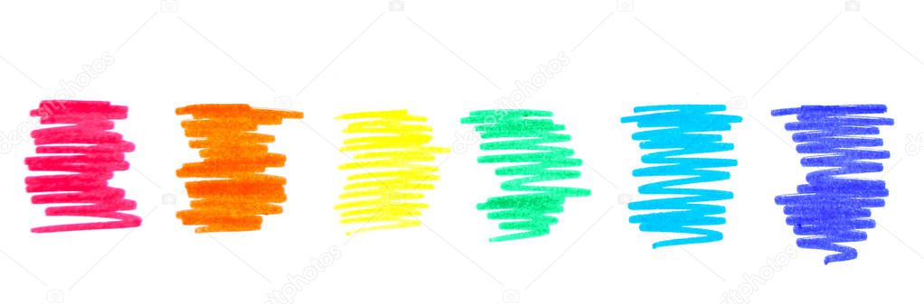 banner of colorful scribbles of permanent ink markers with fiber details on it isolated on white.