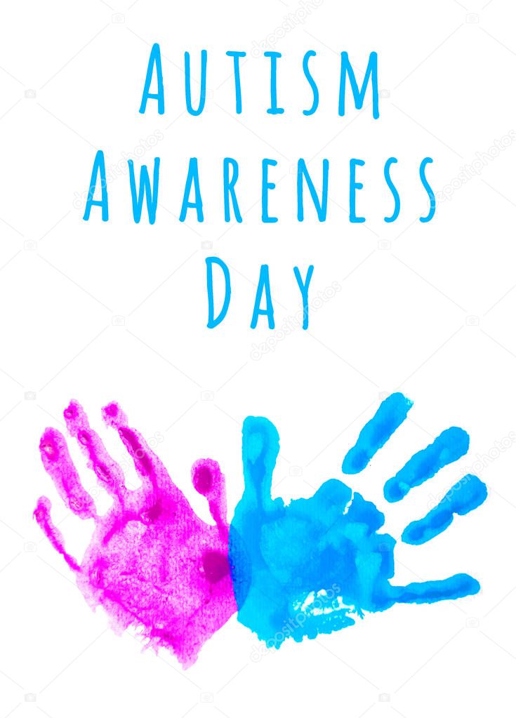 Colorful child's handprints isolated on white with copy space. World autism awareness day concept.