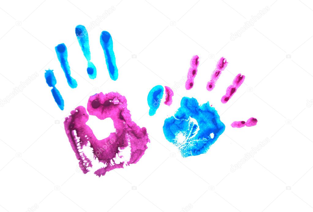 Colorful child's handprints isolated on white background. World autism awareness day concept.