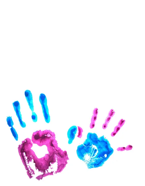 Roze en blauwe childs handafdrukken geïsoleerd op wit. — Stockfoto