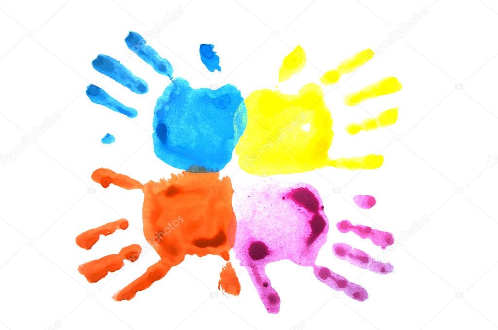 Pink and blue childs handprints isolated on white.