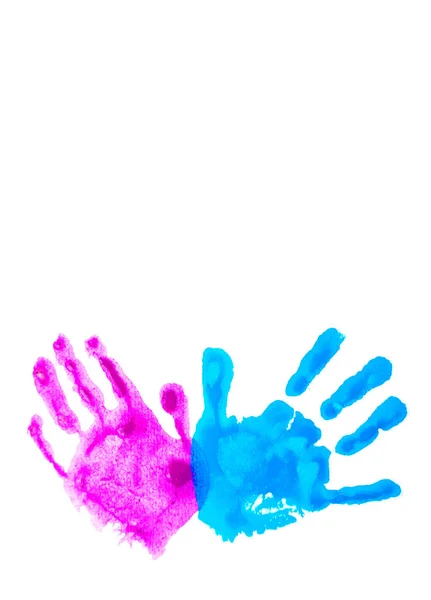 Roze en blauwe childs handafdrukken geïsoleerd op wit. — Stockfoto