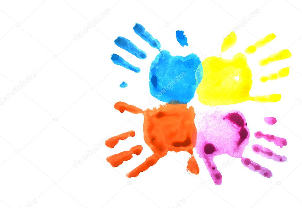 Pink and blue childs handprints isolated on white.