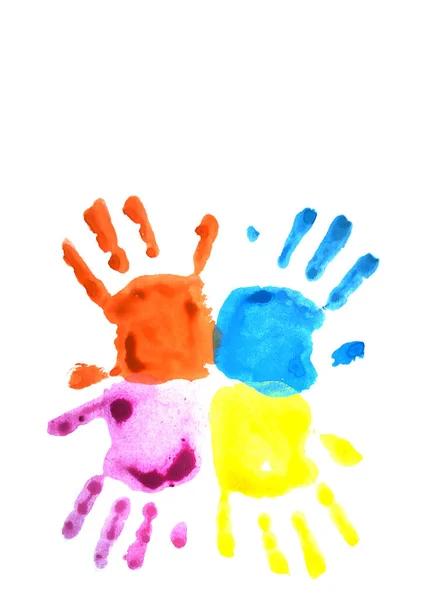 Quatro Mãos Criança Coloridas Isoladas Branco Com Copyspace Conceito Dia — Fotografia de Stock