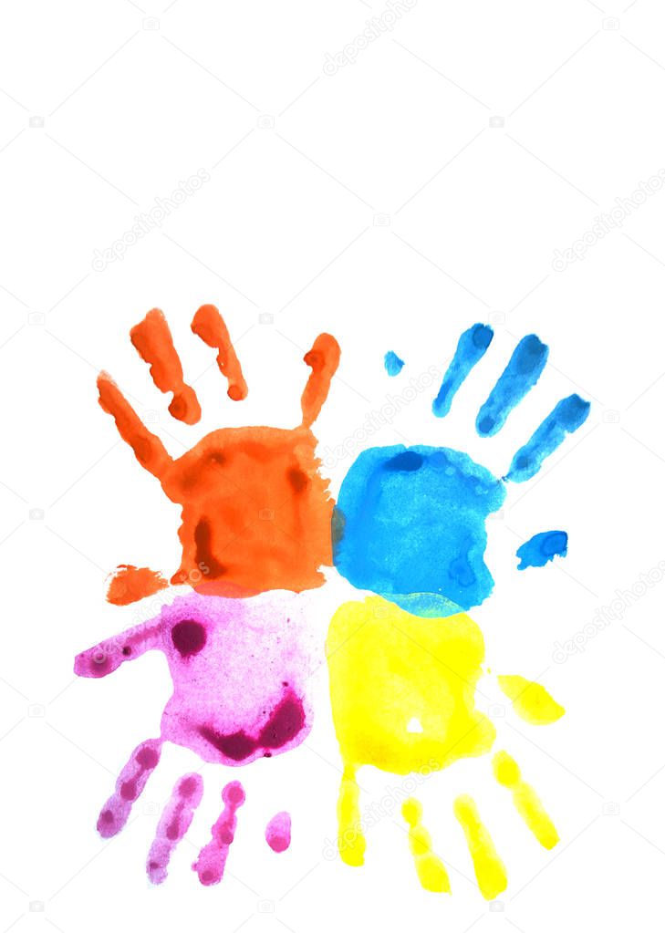Four colorful child's handprints isolated on white with copyspace. World autism awareness day concept.