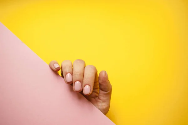 Mano Mujer Joven Con Hermosa Manicura Sobre Fondo Rosa Amarillo — Foto de Stock