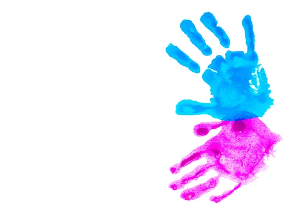 Pink and blue childs handprints isolated on white. — Stock Photo, Image