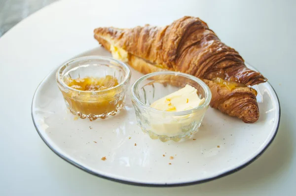 Delicious Nutritious French Breakfast Fresh Croissant Jam Butter Grey Table — Stock Photo, Image