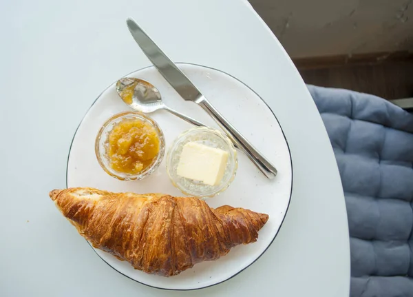 Flat lay of fresh french breakfast. — Stock Photo, Image