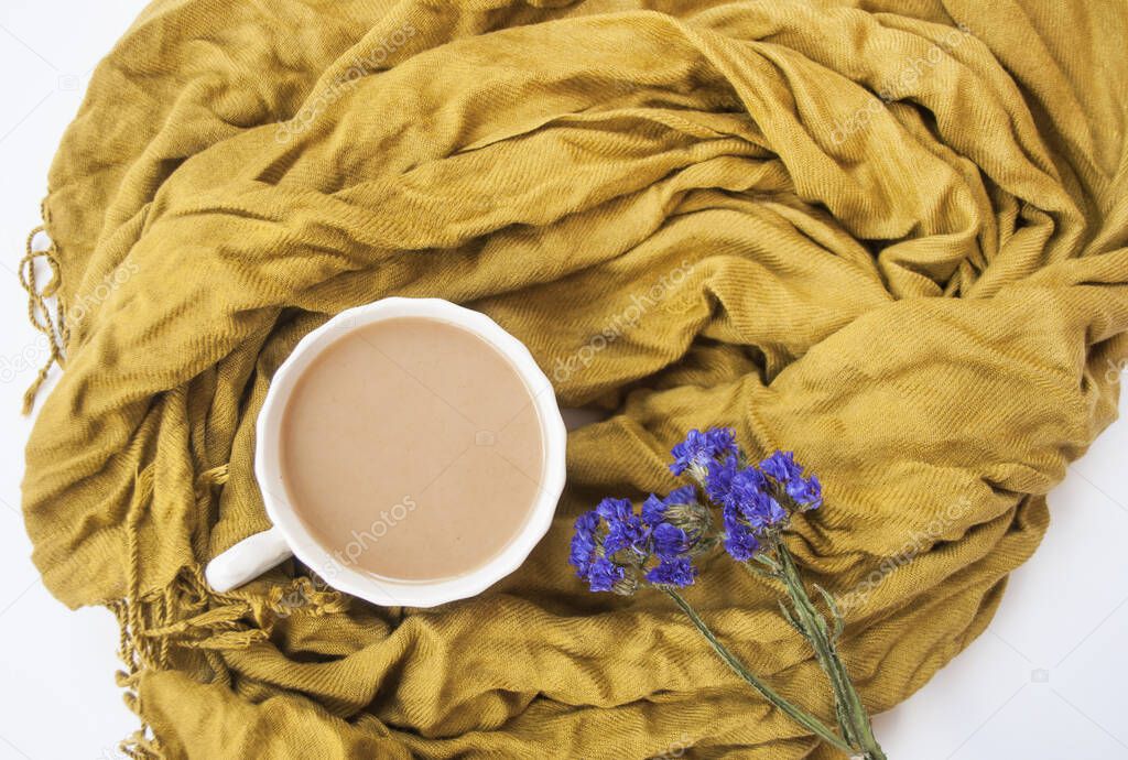 Cup of coffee and a scarf.