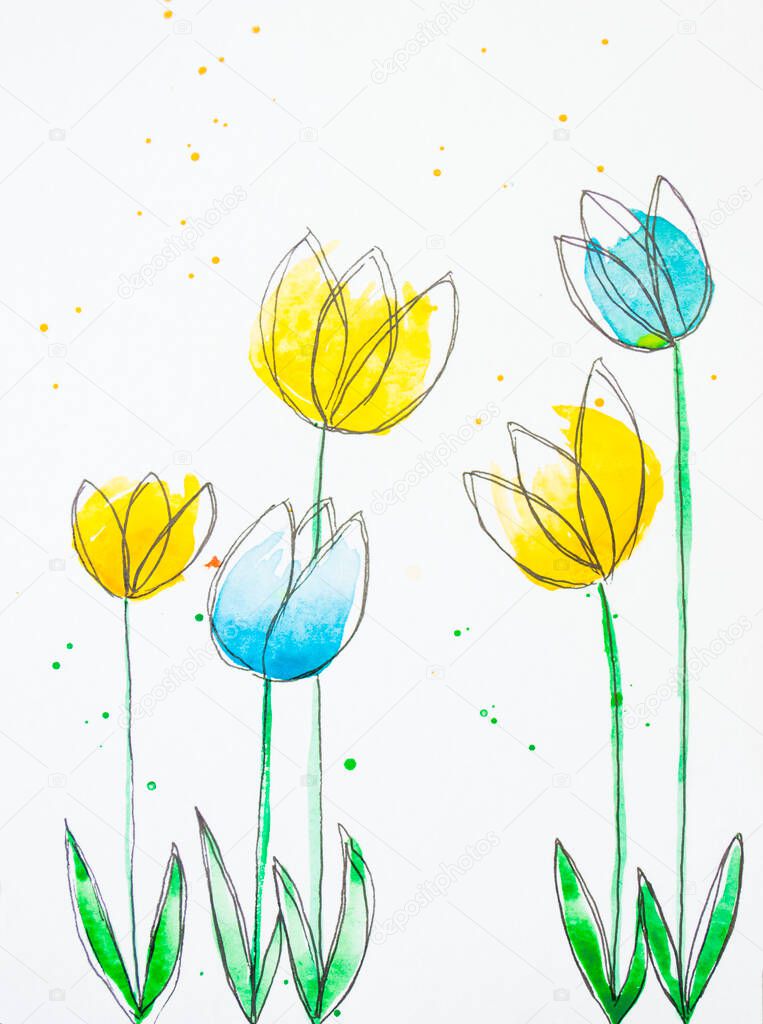 Watercolor drawing of beautiful yellow and blue color flowers framed wiht black color marker.