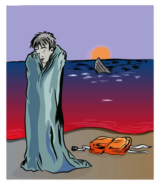 İç savaşta Suriye ve Mülteciler sorunu. Sahil mutsuz Suriye mülteci. Suriye mülteci ve batan tekne.