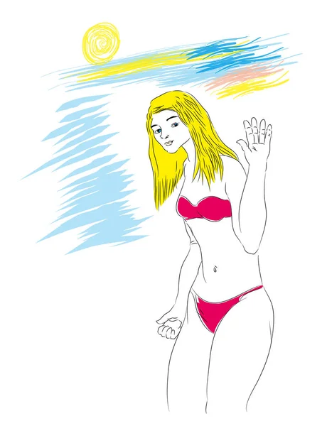 Bir genç kız elini gösterilen ve selam. Sevimli sarışın kız arkadaşına plaj zemin üzerine el sallayarak.