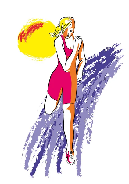 Maraton koşucusu kız. Güzel sarışın kız koşucu için uzun maraton eğitim.