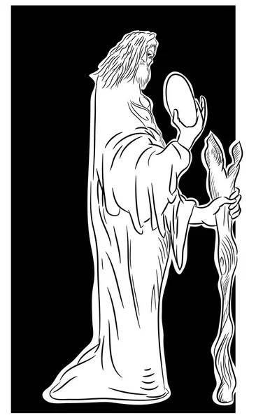 Eski Sihirbazı göçmen. Eski göçmen bir yumurta arıyorum. Fantezi çizim illustration.illustration Sihirbazı.