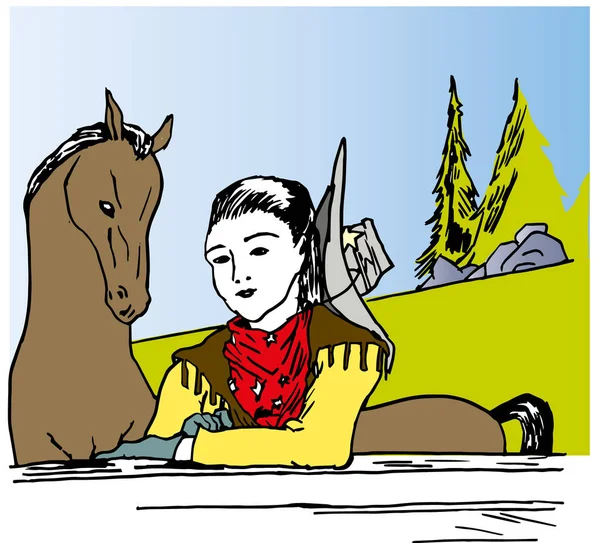 騎乗位と遠くのファームの美しい若いカウガールの Horse Illustration — ストック写真