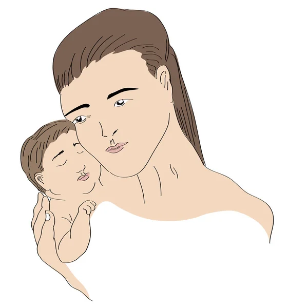 Anne Oğlu Oğlu Ile Annesi Uyuyan Bebeği Onun Hand Illustration — Stok fotoğraf